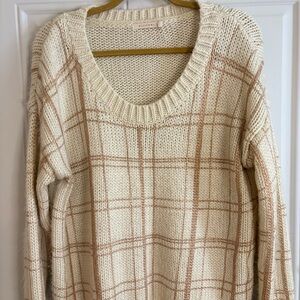 Ellison Women's Cream and Tan Plaid Sweater women’s size M cable knit chunky